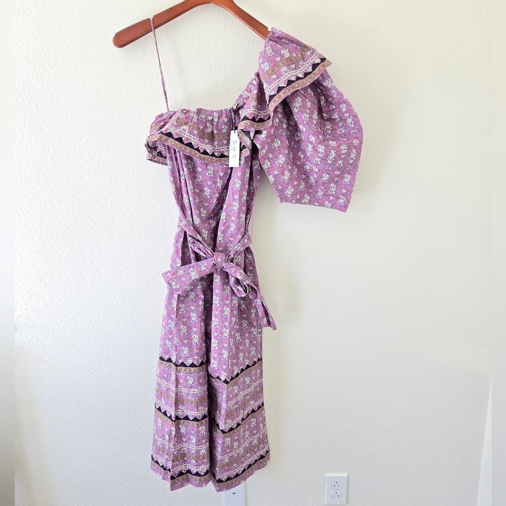 NWT Sea NY Perry One‎ Shoulder Midi Dress Purple Floral Border Print Size Small - Picture 3 of 16